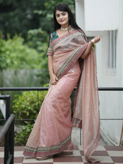 Peach Party Wear Organza Embellished Saree