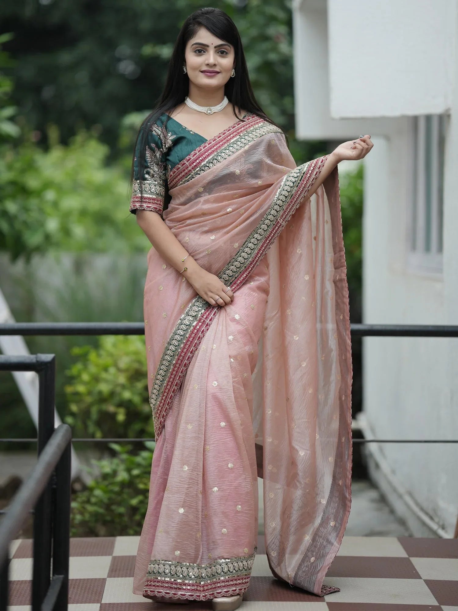 Pink Peach Party Wear Organza Embellished Saree