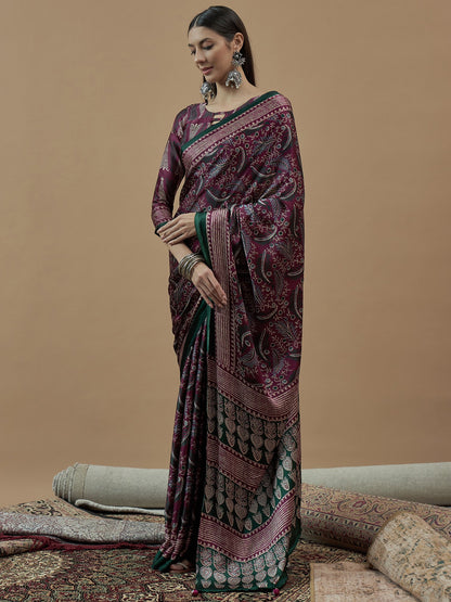 Magenta Block Print Pure Crepe Printed Saree