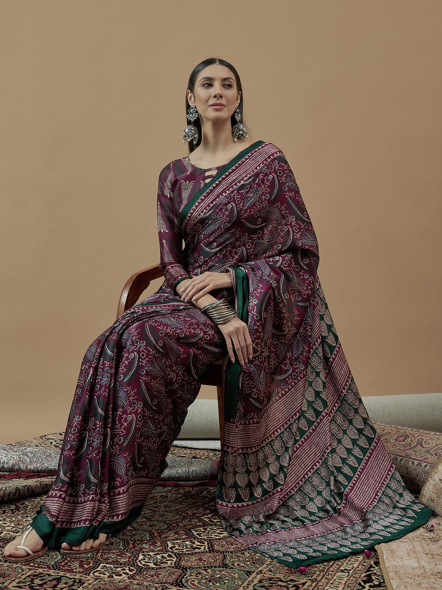 Magenta Block Print Pure Crepe Printed Saree