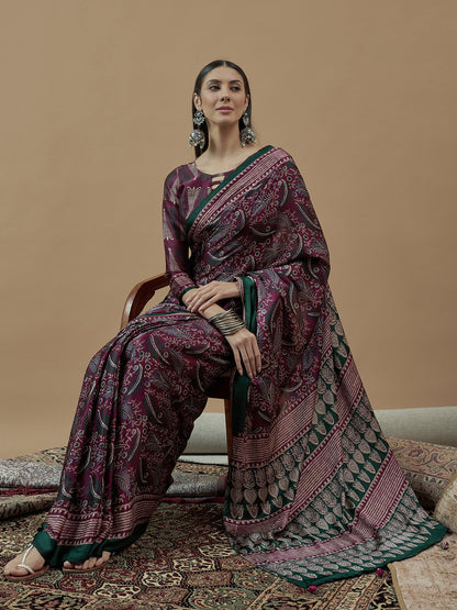 Magenta Block Print Pure Crepe Printed Saree