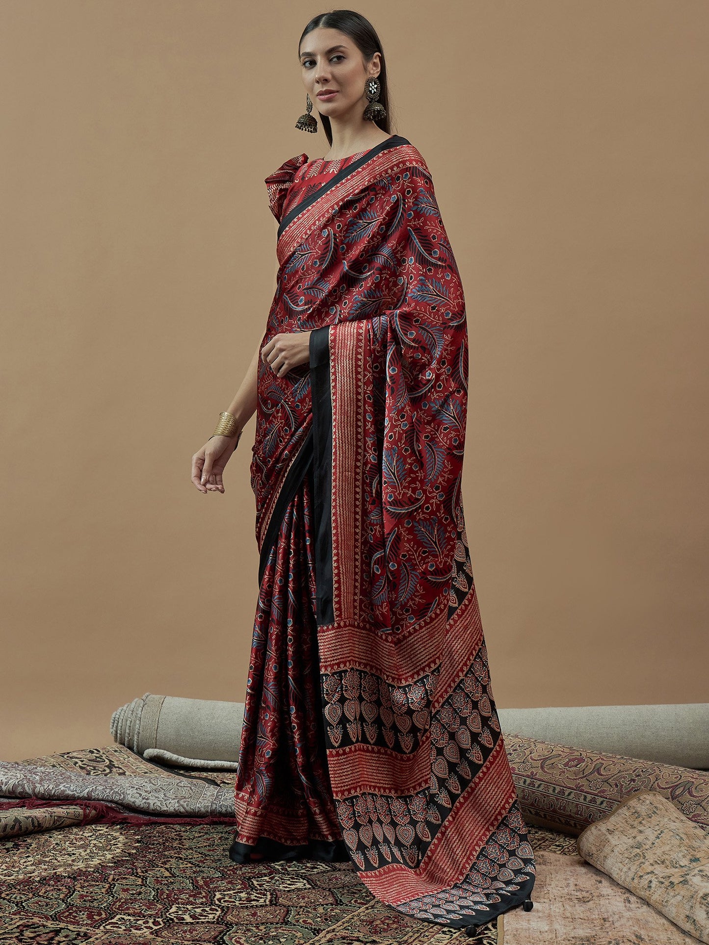 Red Block Print Pure Crepe Printed Saree