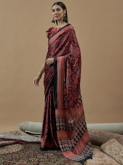 Red Block Print Pure Crepe Printed Saree
