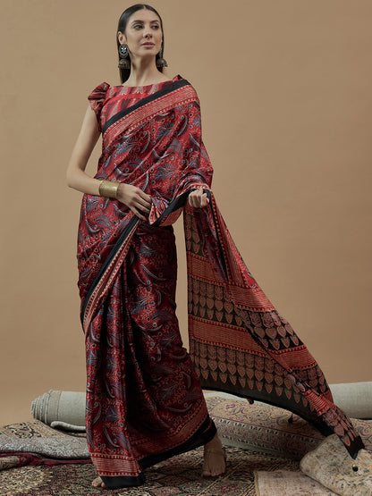 Red Block Print Pure Crepe Printed Saree