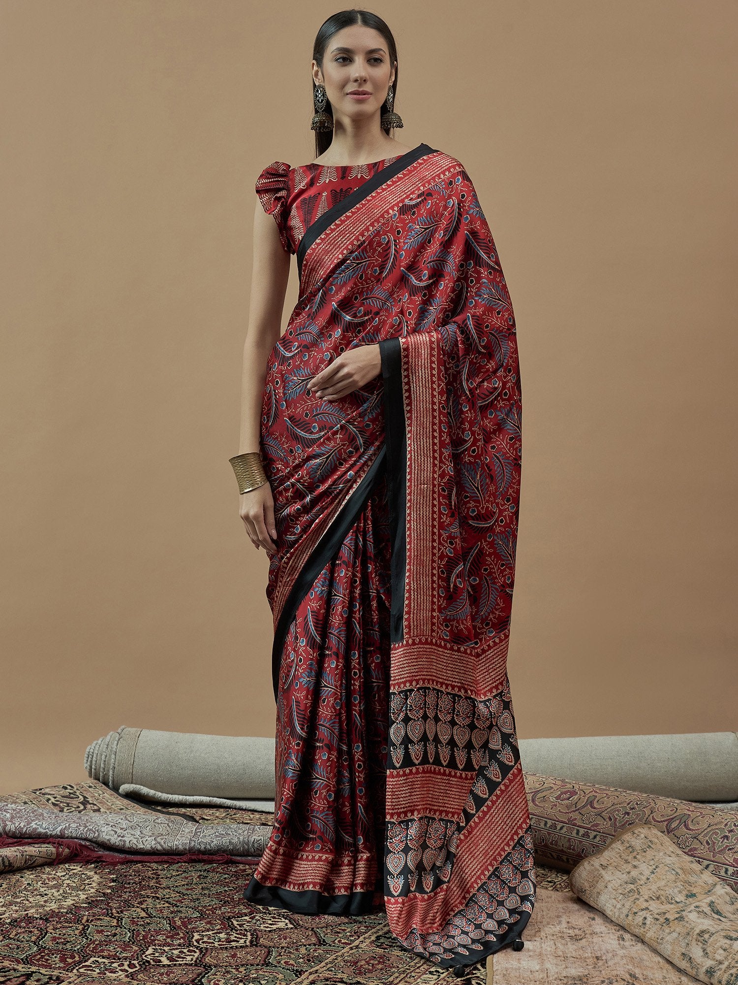 Red Red Block Print Pure Crepe Printed Saree