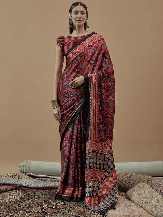 Red Red Block Print Pure Crepe Printed Saree