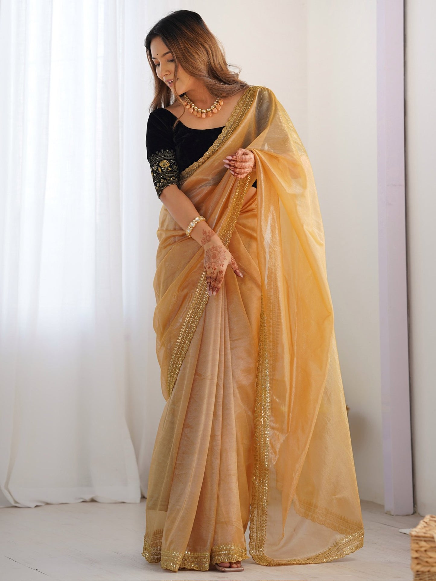 Gold Party Wear Net Embellished Saree