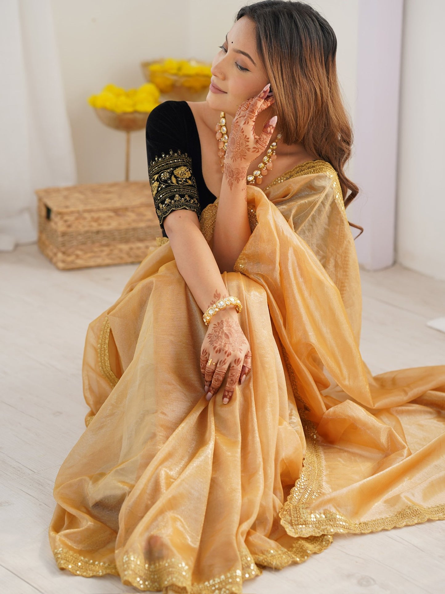 Gold Party Wear Net Embellished Saree