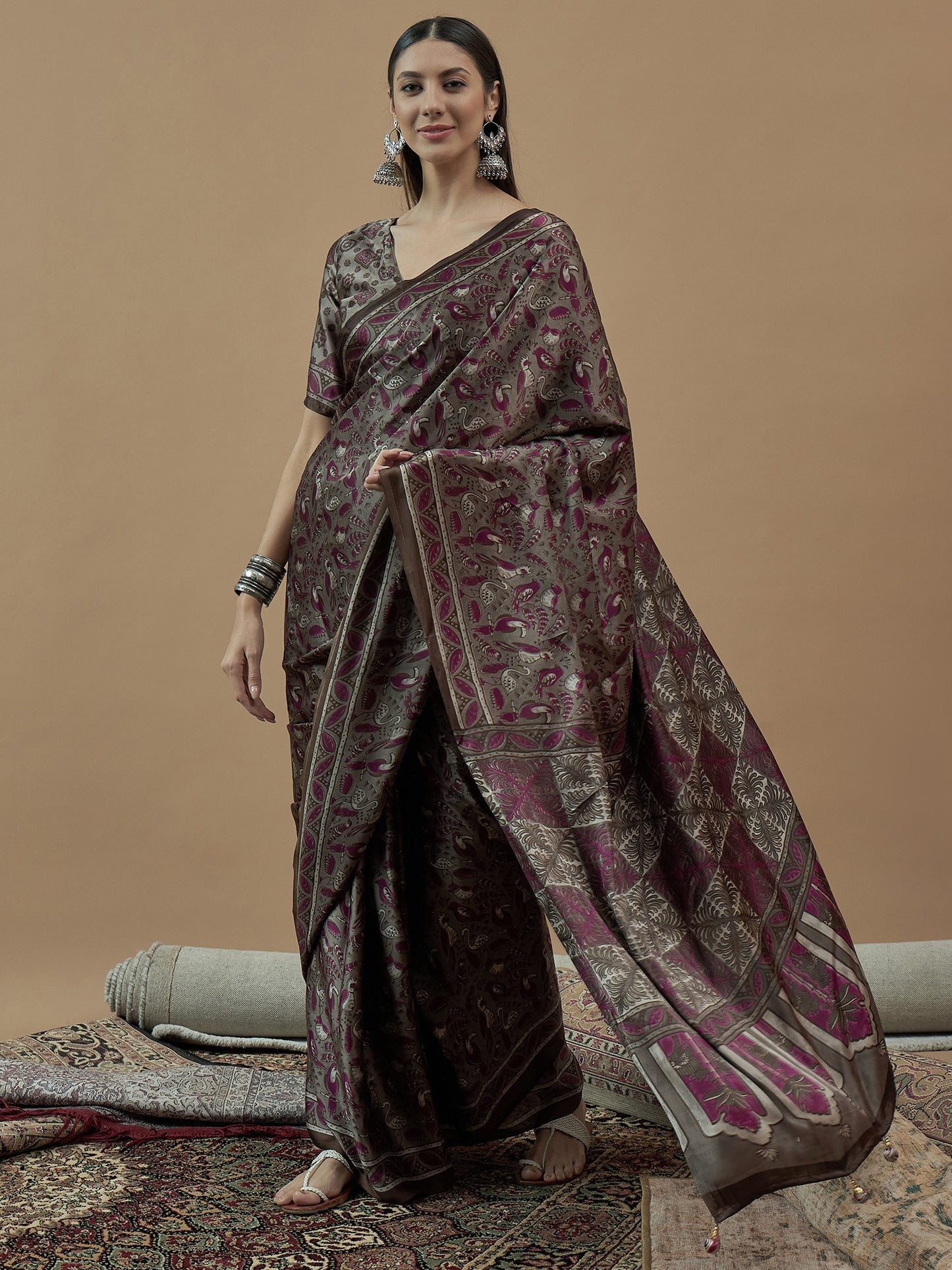 Charcoal Block Print Pure Crepe Printed Saree