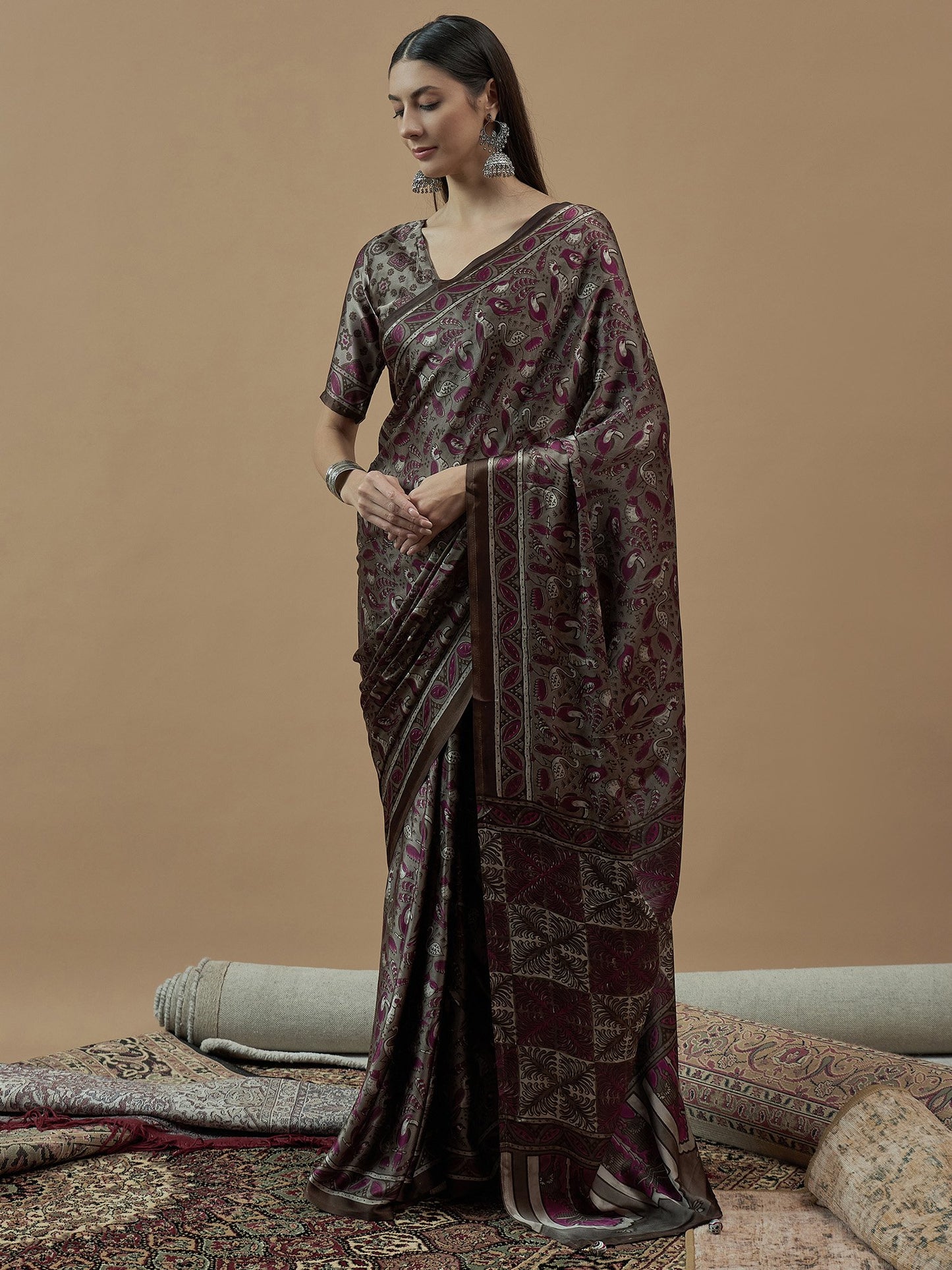 Charcoal Block Print Pure Crepe Printed Saree