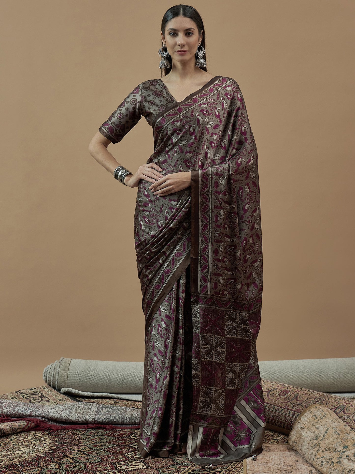 Grey Charcoal Block Print Pure Crepe Printed Saree