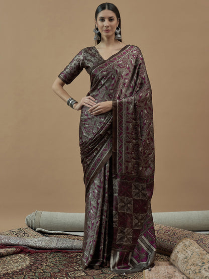 Grey Charcoal Block Print Pure Crepe Printed Saree
