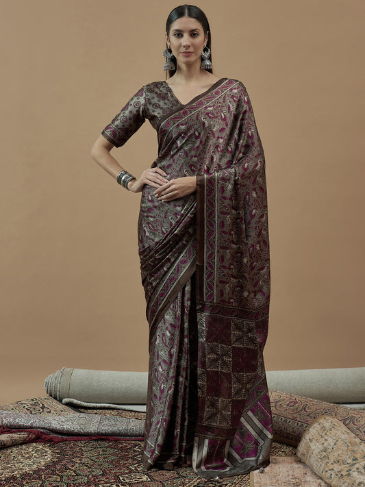 Grey Charcoal Block Print Pure Crepe Printed Saree
