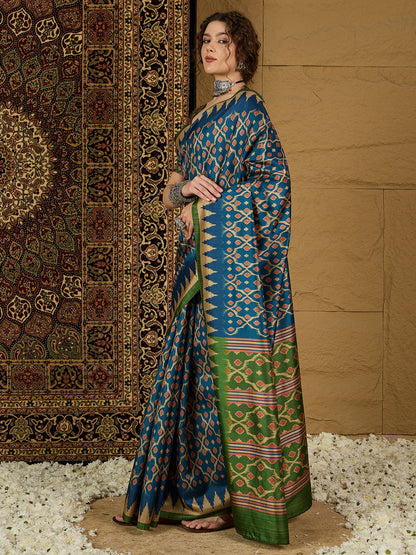 Navy Bagru Silk Blend Printed Saree