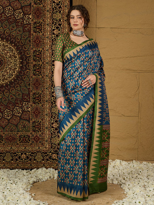 Blue Navy Bagru Silk Blend Printed Saree