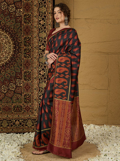 Black Bagru Silk Blend Printed Saree