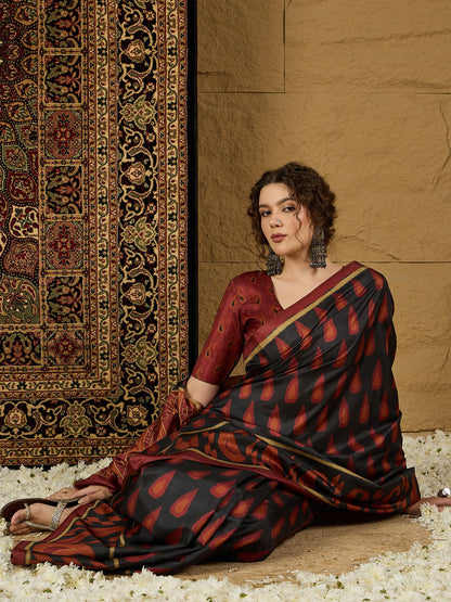 Black Bagru Silk Blend Printed Saree