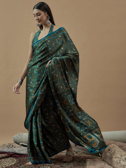 Teal Block Print Pure Crepe Printed Saree