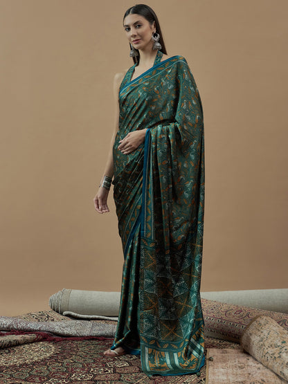 Teal Block Print Pure Crepe Printed Saree