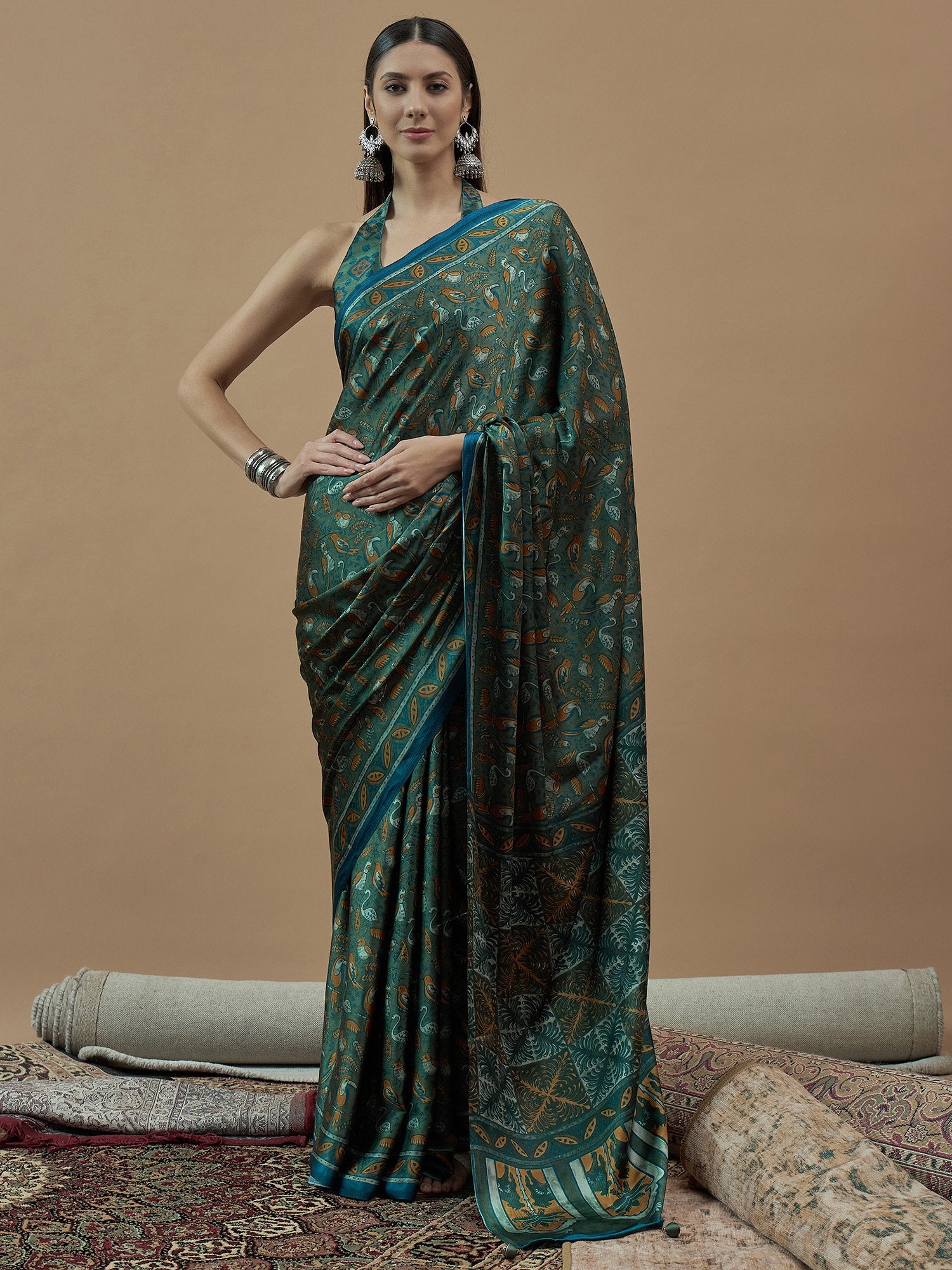 Green Teal Block Print Pure Crepe Printed Saree
