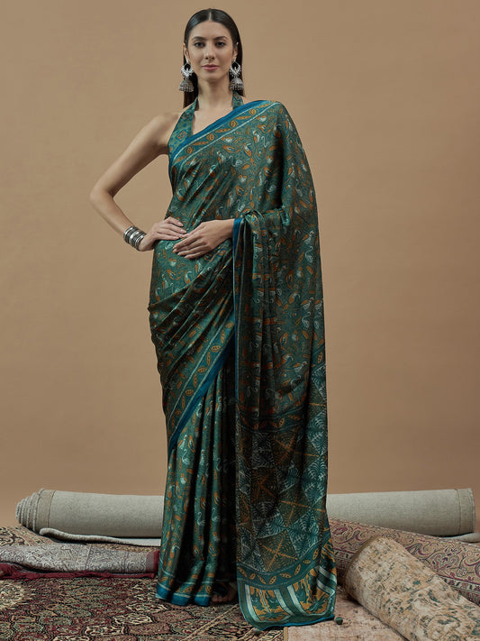 Green Teal Block Print Pure Crepe Printed Saree