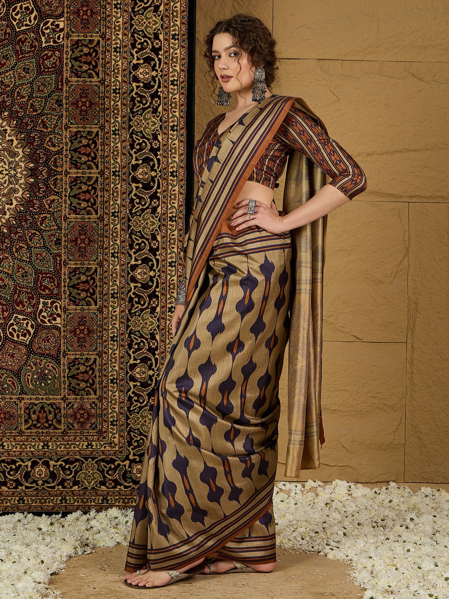 Beige Bagru Silk Blend Printed Saree