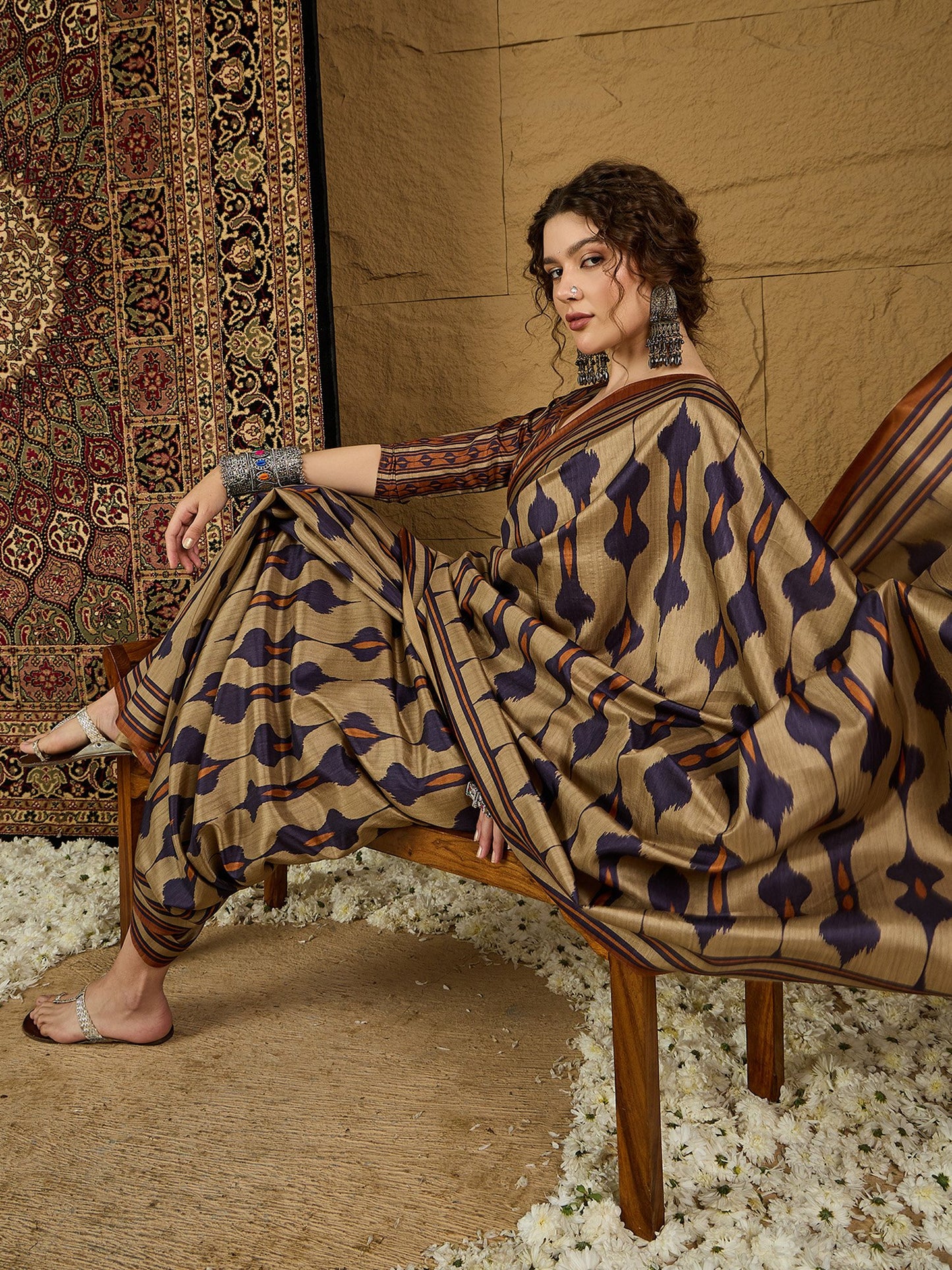 Beige Bagru Silk Blend Printed Saree