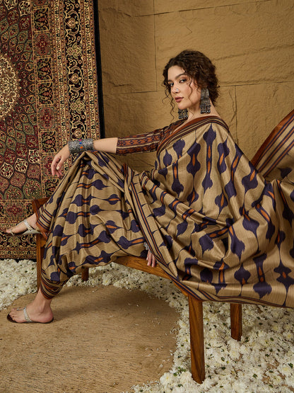 Beige Bagru Silk Blend Printed Saree