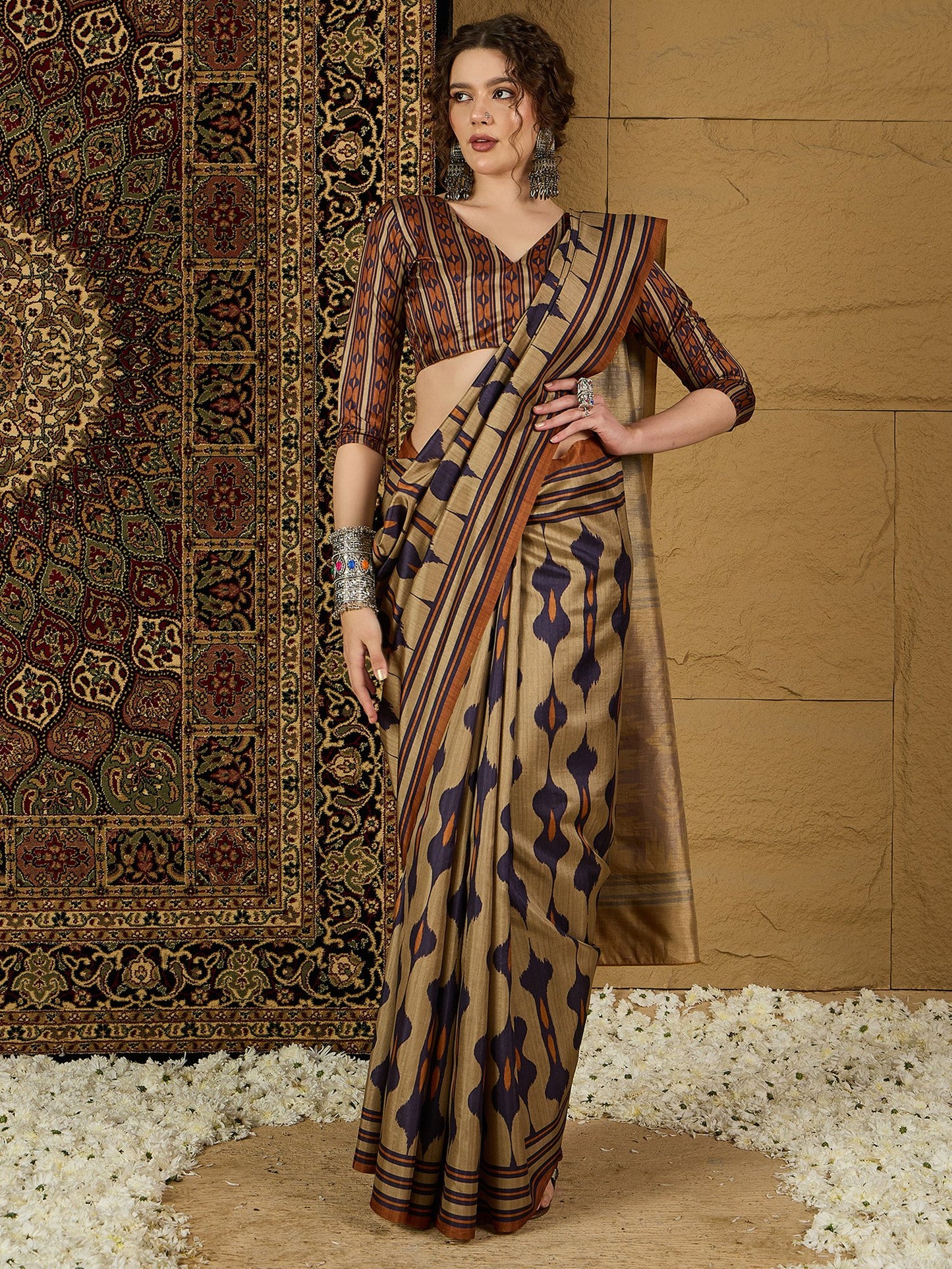 Brown Beige Bagru Silk Blend Printed Saree