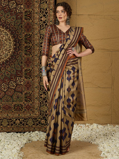 Brown Beige Bagru Silk Blend Printed Saree