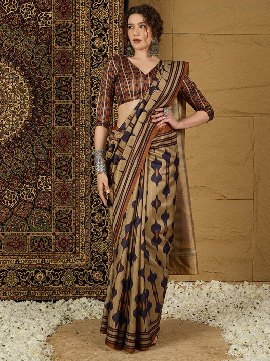 Brown Beige Bagru Silk Blend Printed Saree
