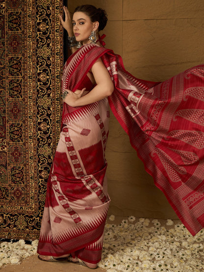 Beige Ikat Bhagalpuri Silk Printed Saree