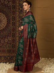 Green Ikat Bhagalpuri Silk Printed Saree - The Dori Store