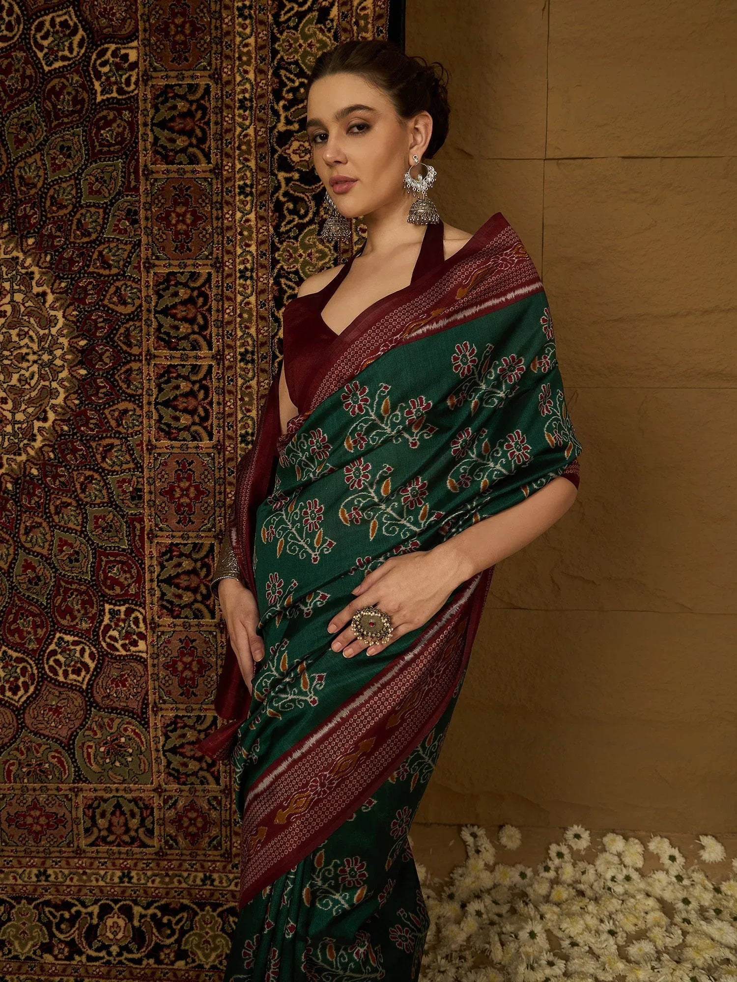Green Ikat Bhagalpuri Silk Printed Saree - The Dori Store