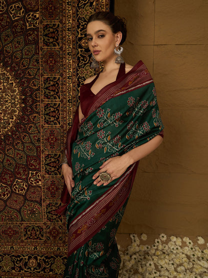 Green Ikat Bhagalpuri Silk Printed Saree