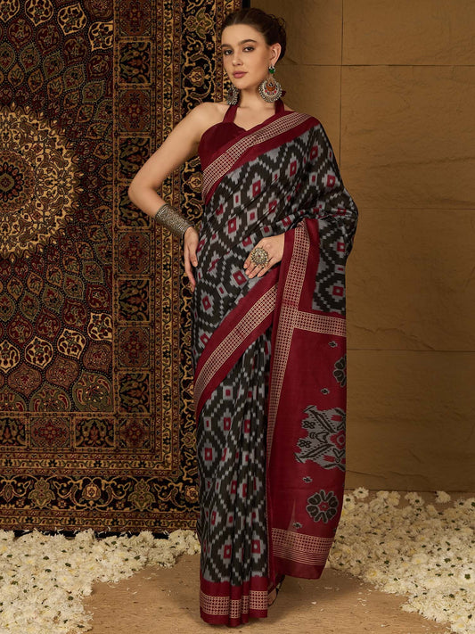 Black Black Ikat Bhagalpuri Silk Printed Saree