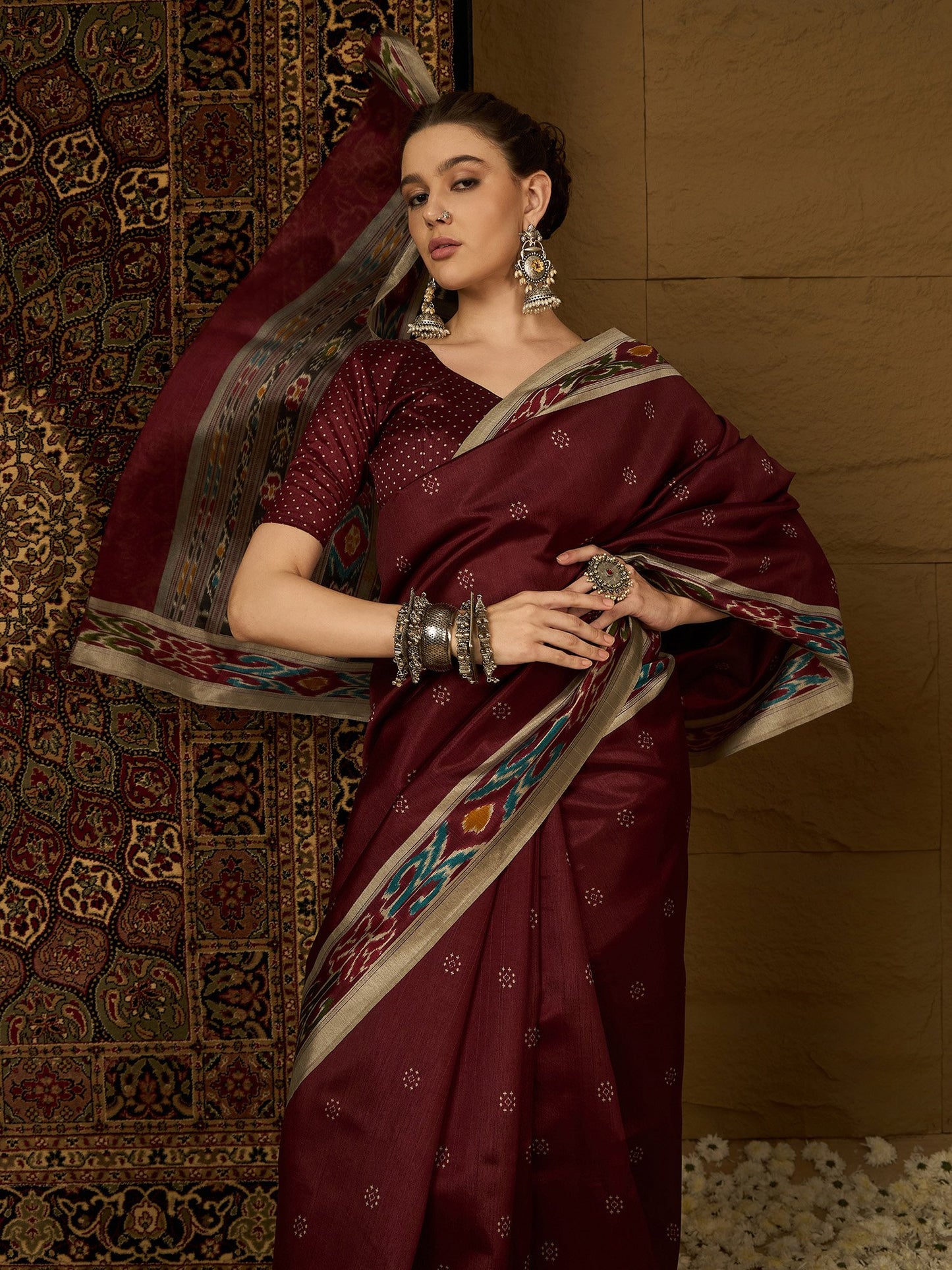 Maroon Ikat Bhagalpuri Silk Printed Saree