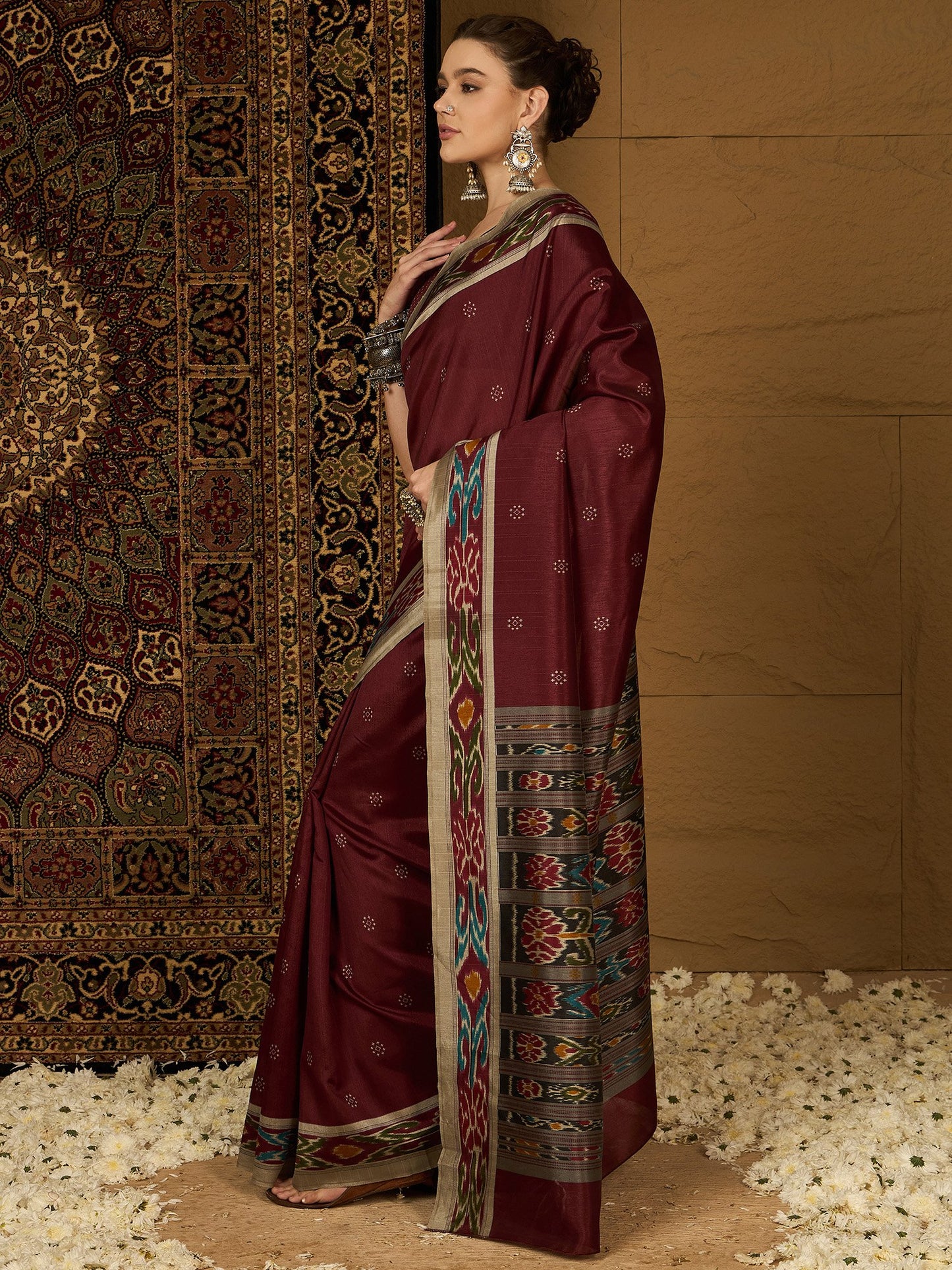Maroon Ikat Bhagalpuri Silk Printed Saree