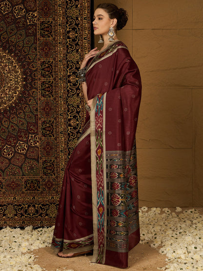Maroon Ikat Bhagalpuri Silk Printed Saree