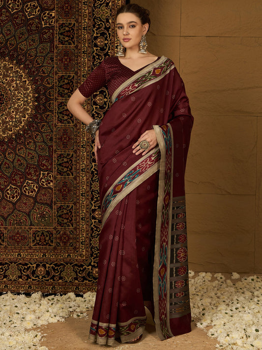 Maroon Maroon Ikat Bhagalpuri Silk Printed Saree