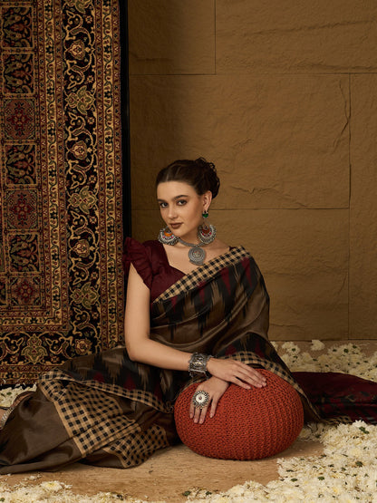 Beige Ikat Bhagalpuri Silk Printed Saree