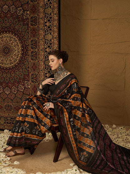 Mustard Ikat Bhagalpuri Silk Printed Saree
