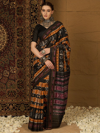 Yellow Mustard Ikat Bhagalpuri Silk Printed Saree