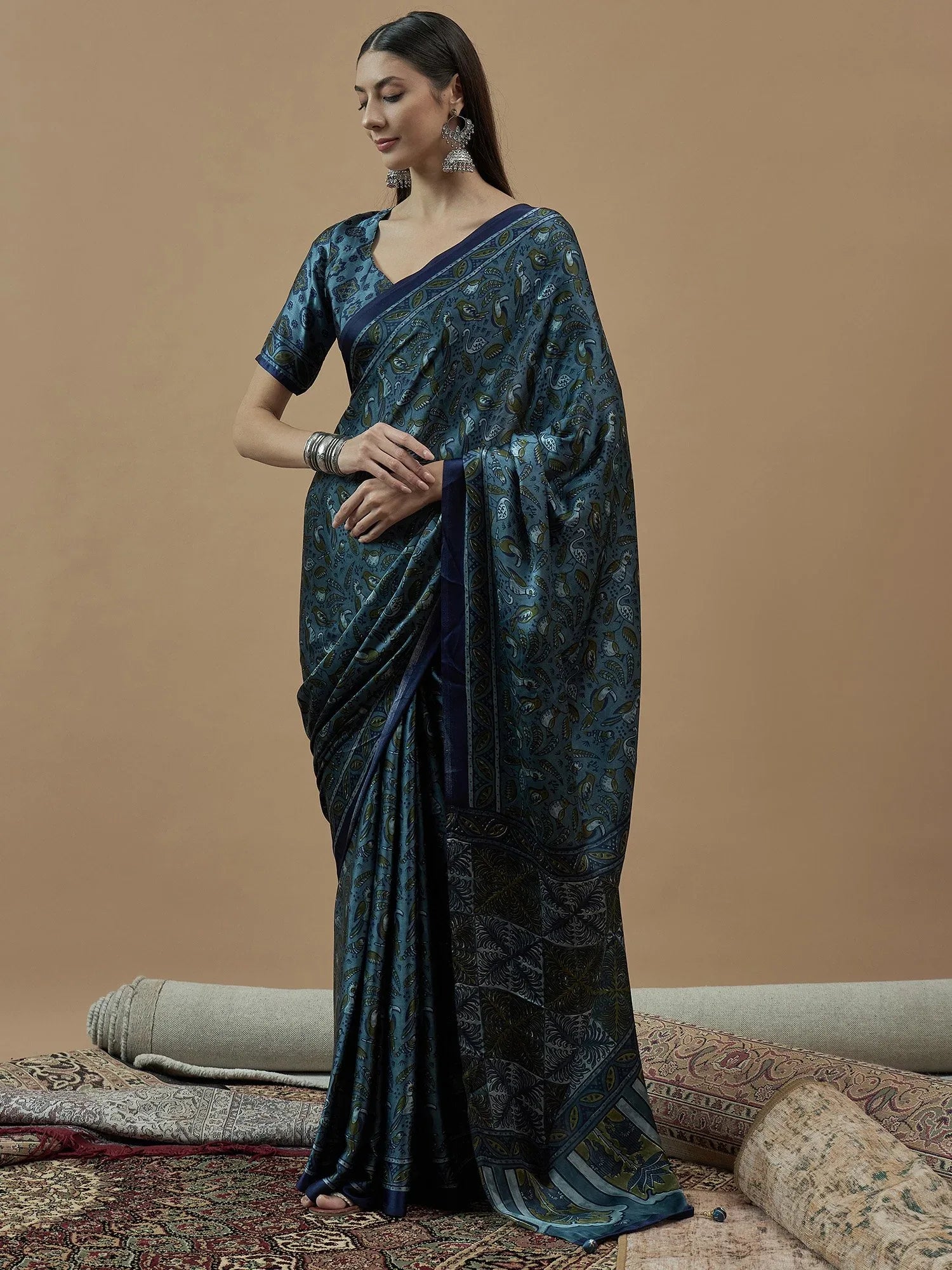 Teal Blue Block Print Pure Crepe Printed Saree