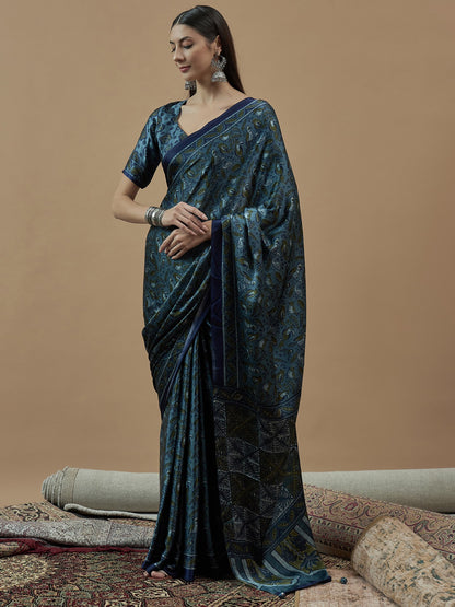 Teal Block Print Pure Crepe Printed Saree