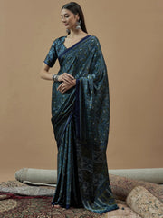 Teal Blue Block Print Pure Crepe Printed Saree