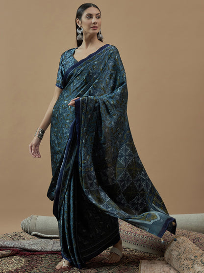 Teal Block Print Pure Crepe Printed Saree