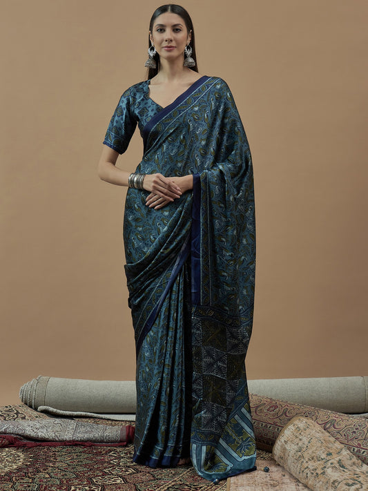 Blue Teal Block Print Pure Crepe Printed Saree