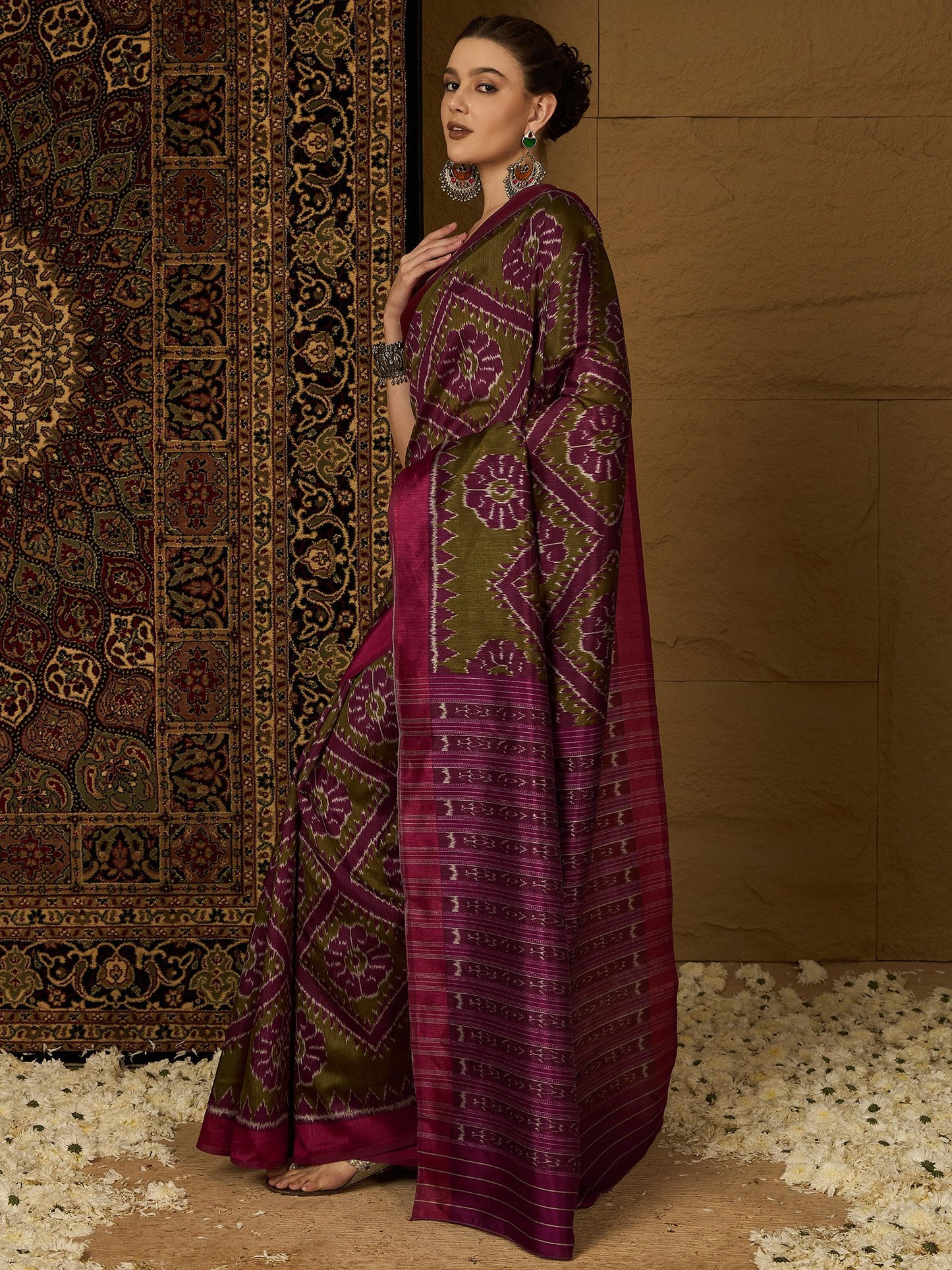 Olive Ikat Bhagalpuri Silk Printed Saree
