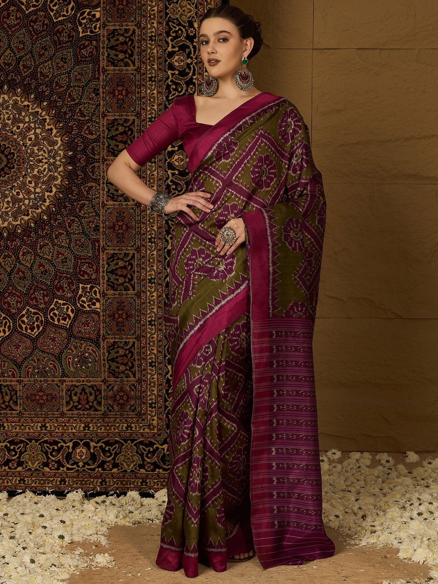 Green Olive Ikat Bhagalpuri Silk Printed Saree